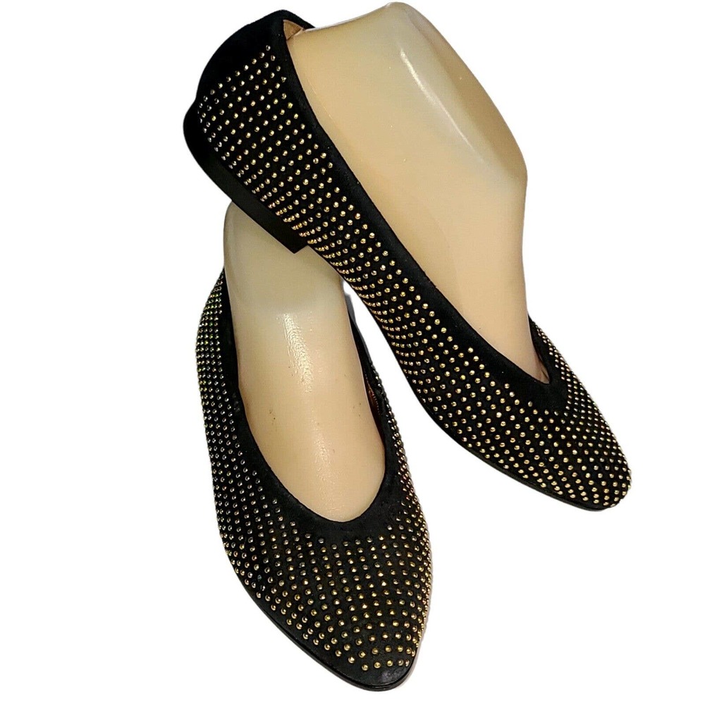 Vtg Anne Klein Italy 80s NOS Flats Loafers Black Suede Gold Studded Womens 7.5M